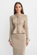 Vivienne Long Sleeve Peplum Column Midi Dress - Beige