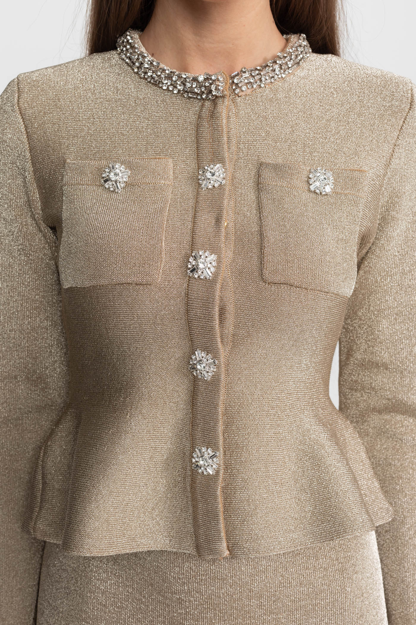 Vivienne Long Sleeve Peplum Column Midi Dress - Beige