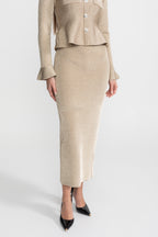 Vivienne Long Sleeve Peplum Column Midi Dress - Beige