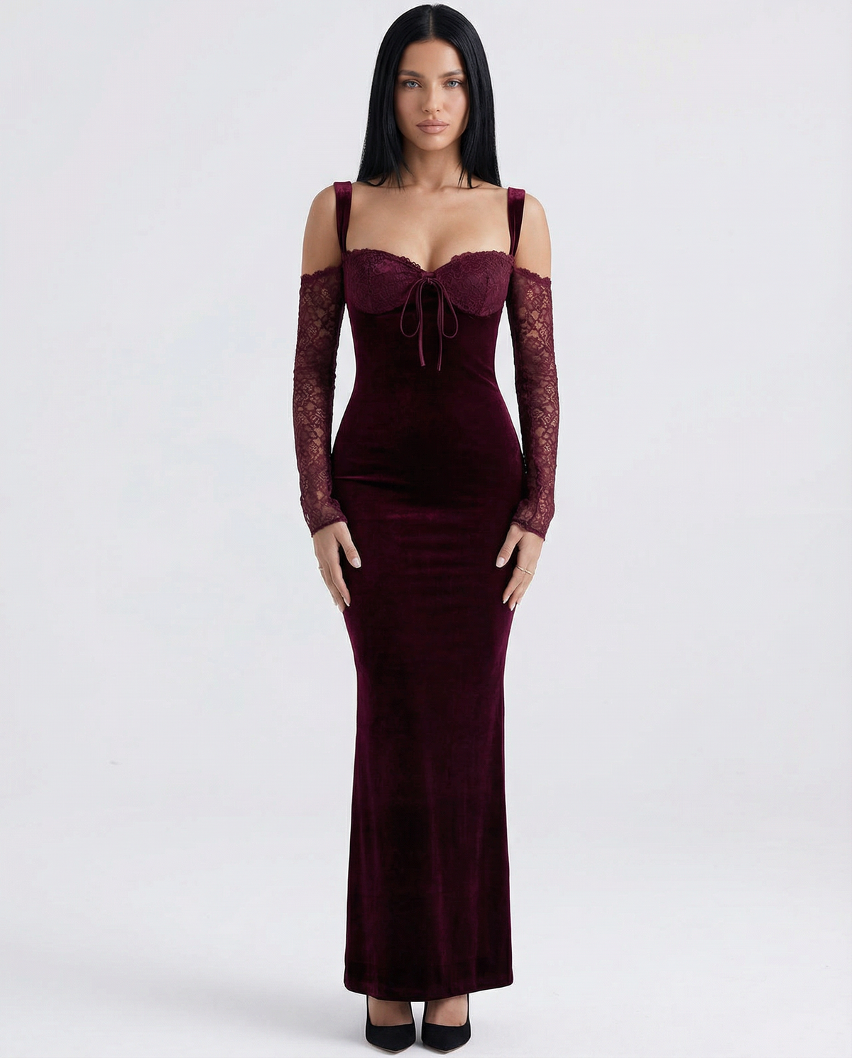 Wanda Burgundy Velvet And Lace Bodycon Maxi Dress - Burgundy