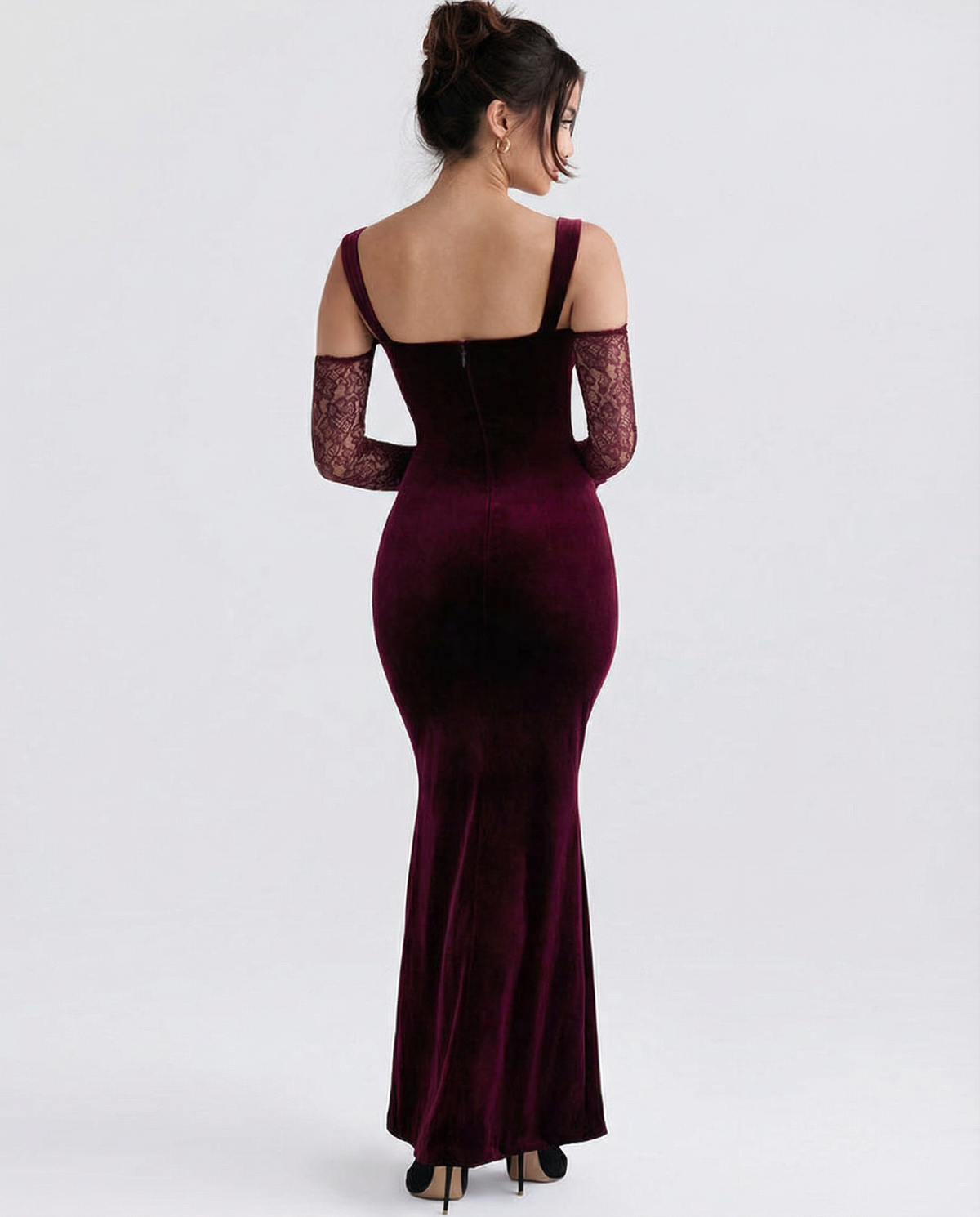 Wanda Burgundy Velvet And Lace Bodycon Maxi Dress - Burgundy
