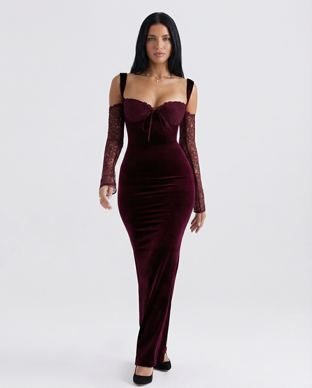 Wanda Burgundy Velvet And Lace Bodycon Maxi Dress - Burgundy