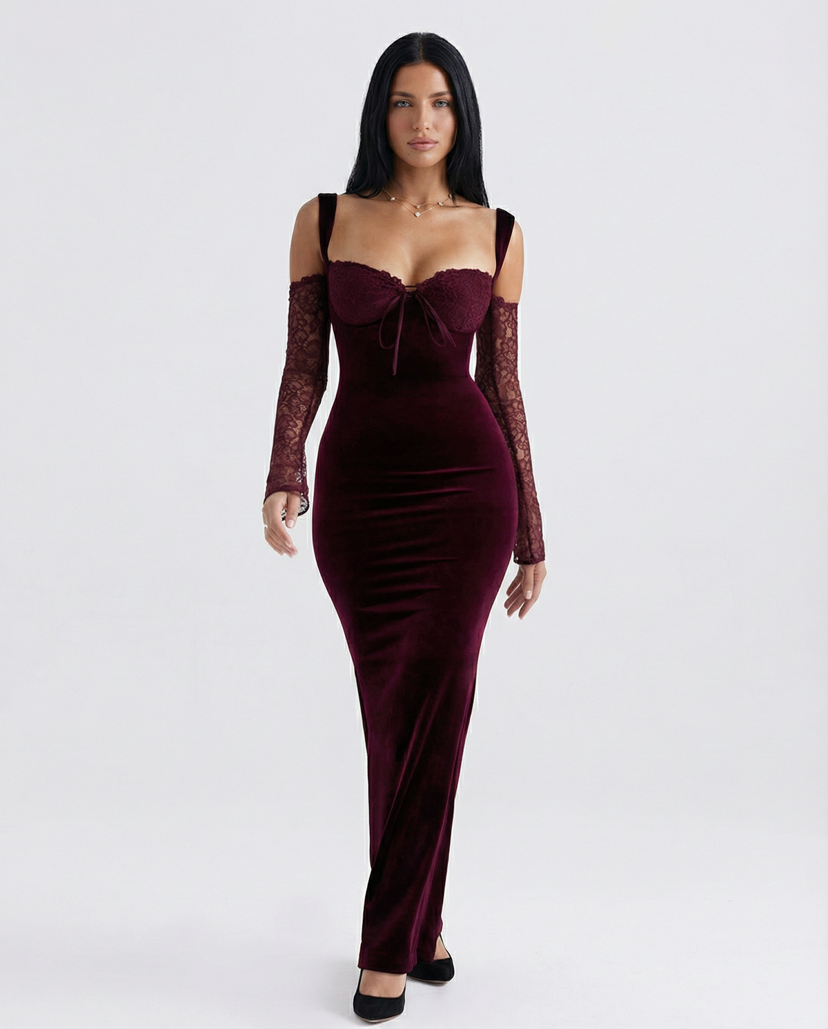 Wanda Burgundy Velvet And Lace Bodycon Maxi Dress - Burgundy