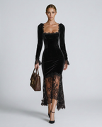 Winnie Velvet And Lace Long Sleeve Flared Maxi Dress - Black