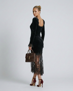 Winnie Velvet And Lace Long Sleeve Flared Maxi Dress - Black