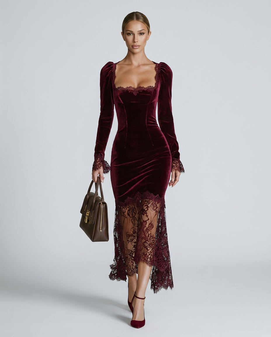 Winnie Velvet And Lace Long Sleeve Flared Maxi Dress - Burgundy