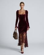Winnie Velvet And Lace Long Sleeve Flared Maxi Dress - Burgundy