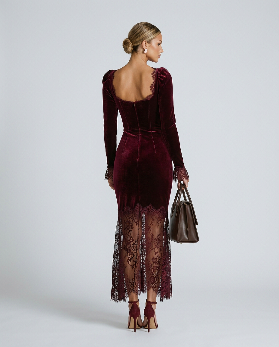 Winnie Velvet And Lace Long Sleeve Flared Maxi Dress - Burgundy