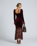 Winnie Velvet And Lace Long Sleeve Flared Maxi Dress - Burgundy