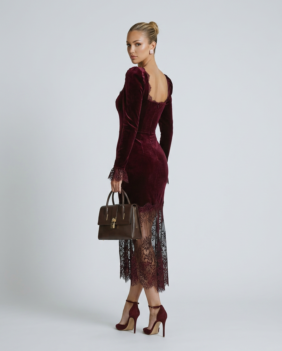 Winnie Velvet And Lace Long Sleeve Flared Maxi Dress - Burgundy