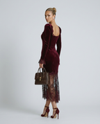 Winnie Velvet And Lace Long Sleeve Flared Maxi Dress - Burgundy