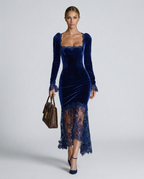Winnie Velvet And Lace Long Sleeve Flared Maxi Dress - Blue