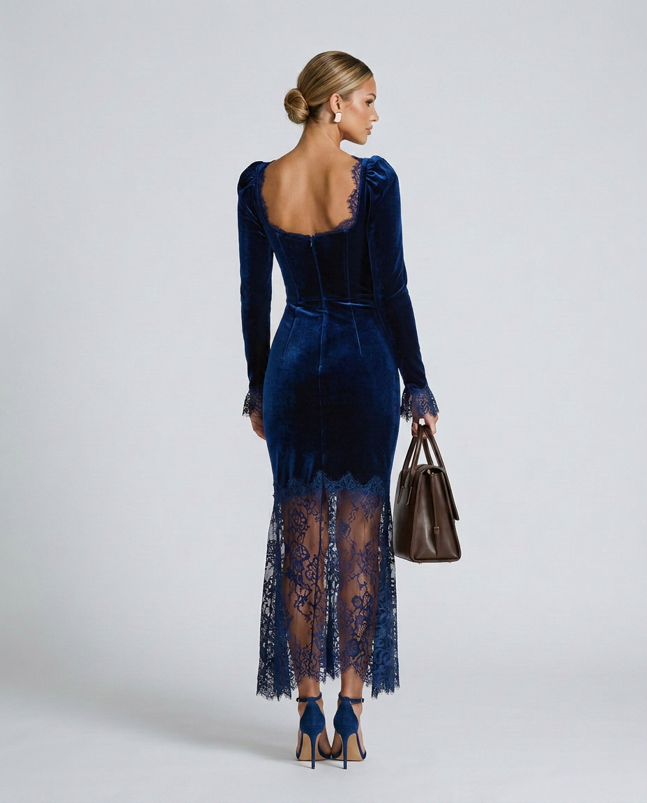 Winnie Velvet And Lace Long Sleeve Flared Maxi Dress - Blue