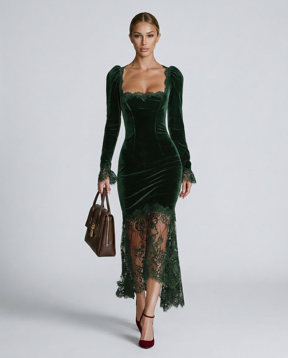 Winnie Velvet And Lace Long Sleeve Flared Maxi Dress - Dark Green
