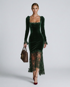 Winnie Velvet And Lace Long Sleeve Flared Maxi Dress - Dark Green