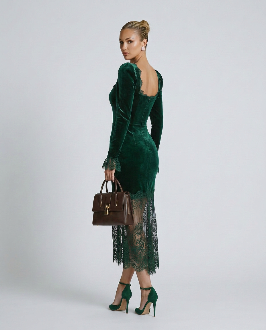 Winnie Velvet And Lace Long Sleeve Flared Maxi Dress - Dark Green
