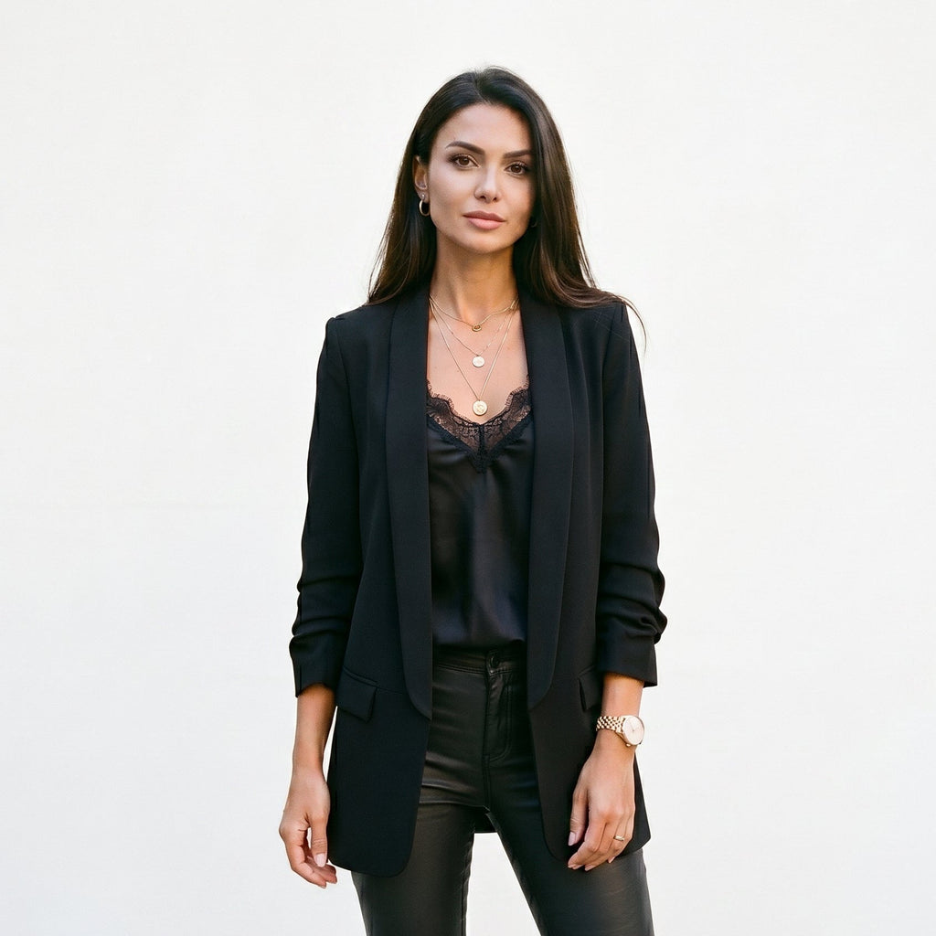 Wren Solid Open Front Collared Hip-Length Blazer - Black