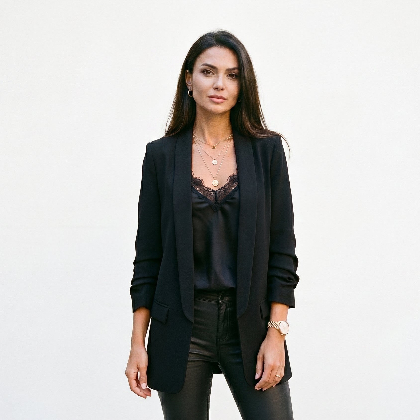 Wren Solid Open Front Collared Hip-Length Blazer - Black
