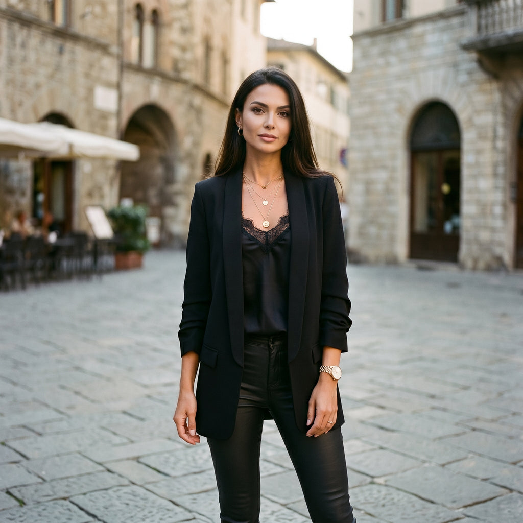 Wren Solid Open Front Collared Hip-Length Blazer - Black