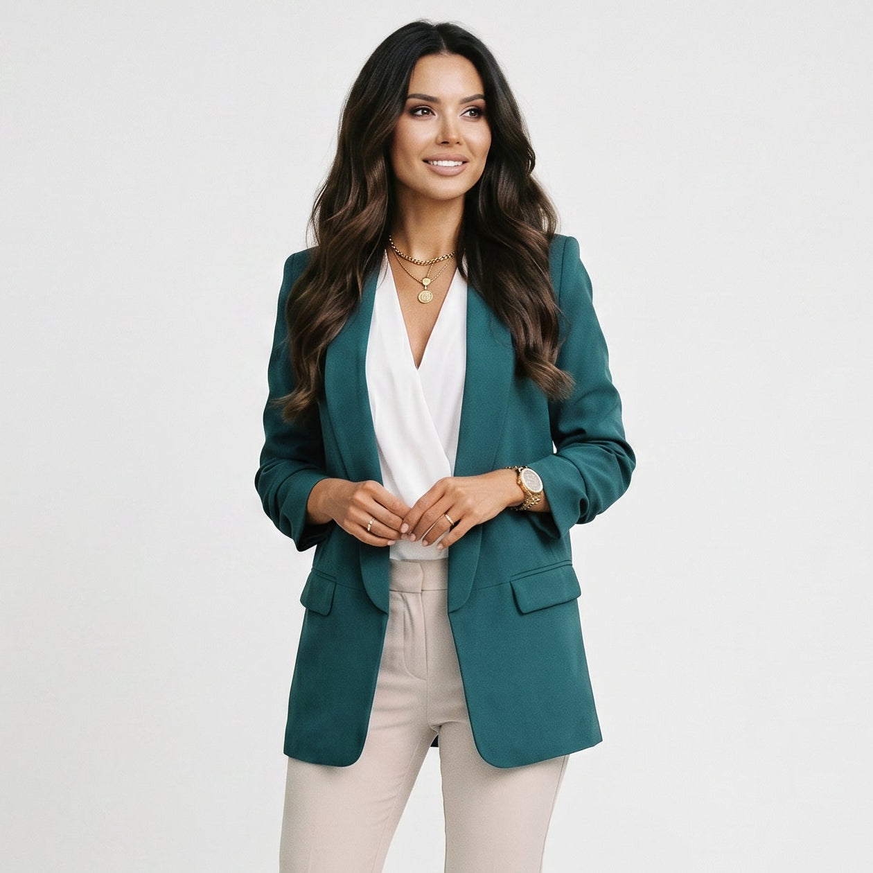 Wren Solid Open Front Collared Hip-Length Blazer - Green