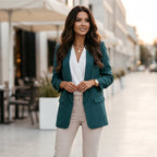 Wren Solid Open Front Collared Hip-Length Blazer - Green