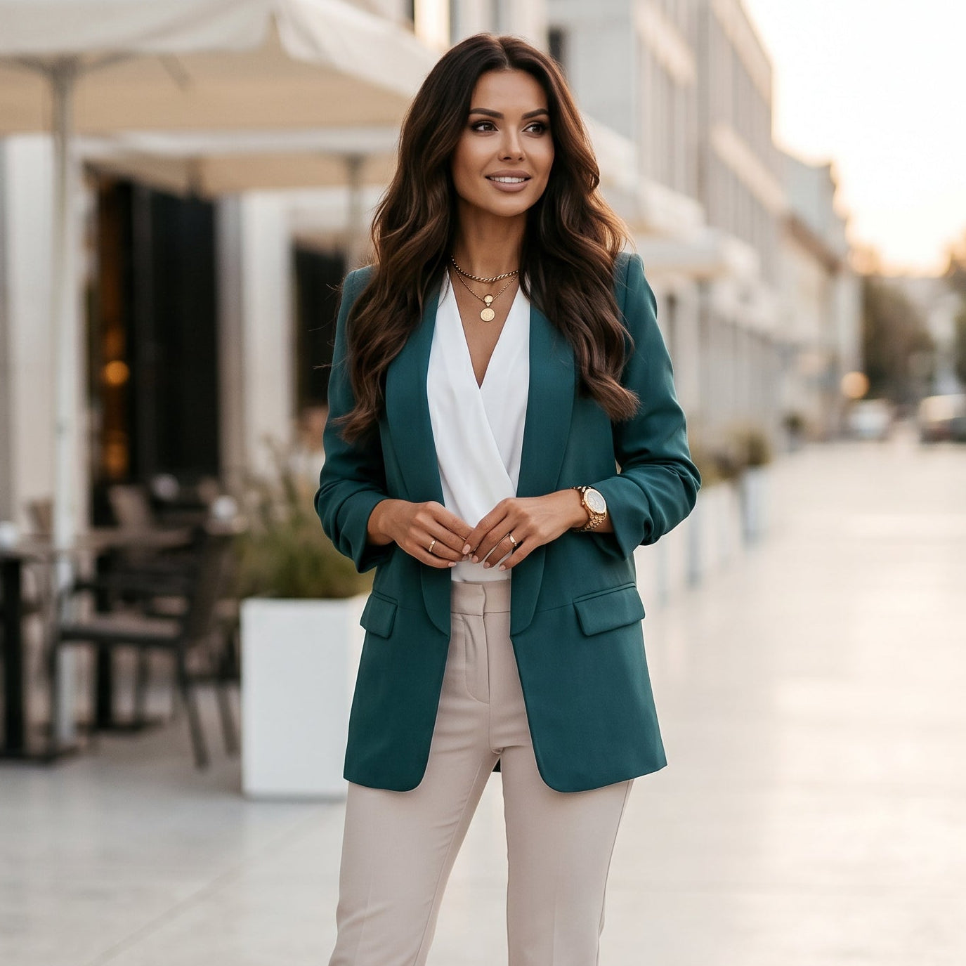 Wren Solid Open Front Collared Hip-Length Blazer - Green