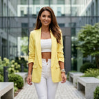 Wren Solid Open Front Collared Hip-Length Blazer - Yellow