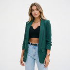 Wren Solid Open Front Collared Hip-Length Blazer - Dark Green