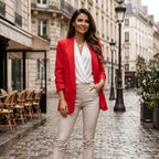 Wren Solid Open Front Collared Hip-Length Blazer - Red