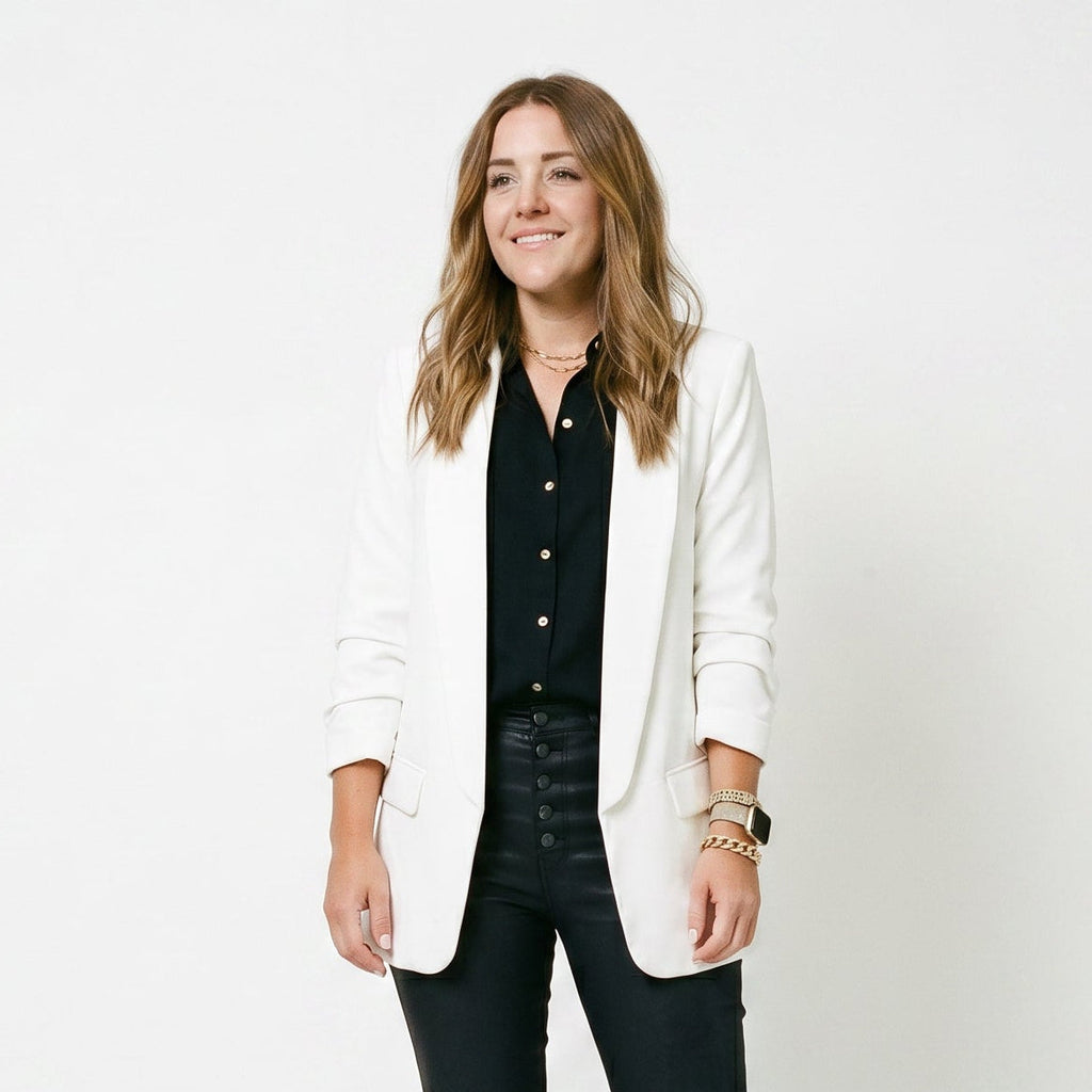 Wren Solid Open Front Collared Hip-Length Blazer - White