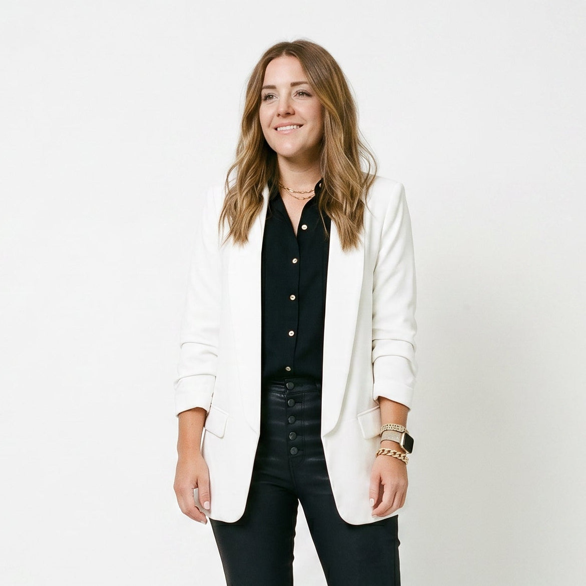 Wren Solid Open Front Collared Hip-Length Blazer - White