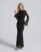 Xenia Black Mesh Beaded High Neck Column Maxi Dress - Black