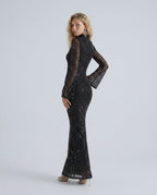 Xenia Black Mesh Beaded High Neck Column Maxi Dress - Black