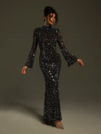 Xenia Black Mesh Beaded High Neck Column Maxi Dress - Black
