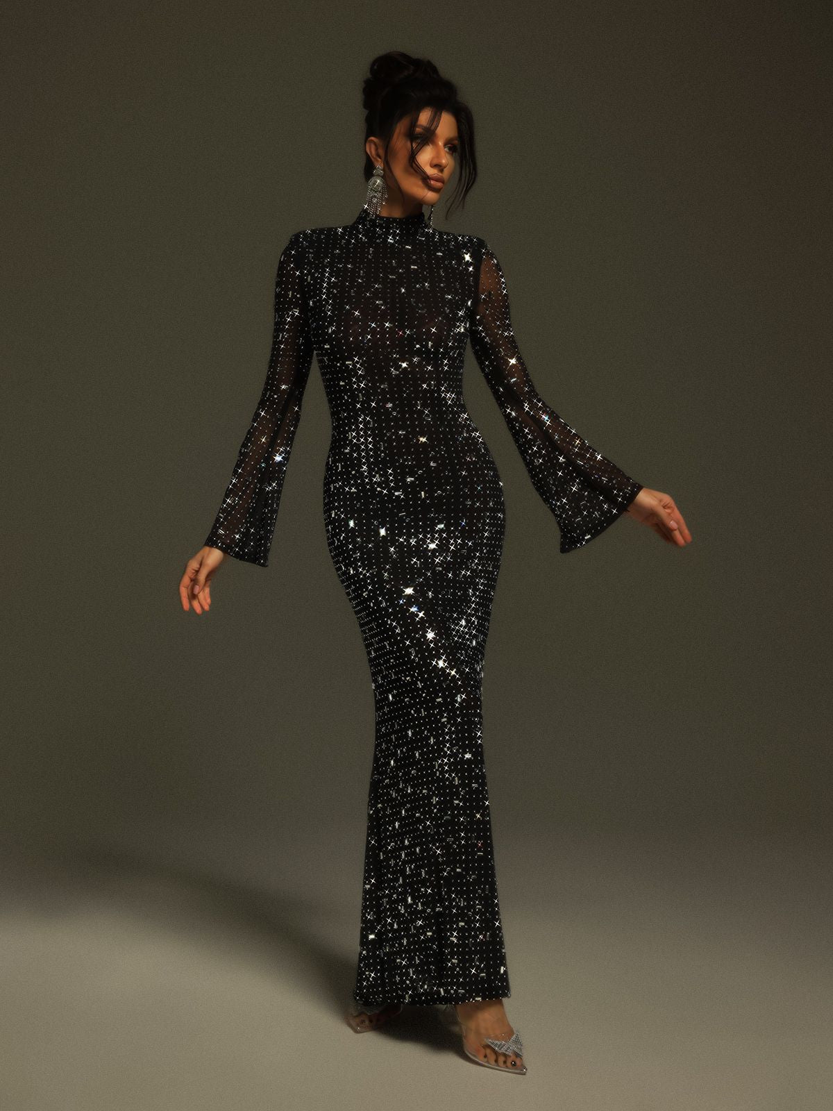 Xenia Black Mesh Beaded High Neck Column Maxi Dress - Black