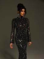 Xenia Black Mesh Beaded High Neck Column Maxi Dress - Black