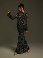 Xenia Black Mesh Beaded High Neck Column Maxi Dress - Black