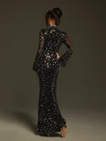 Xenia Black Mesh Beaded High Neck Column Maxi Dress - Black