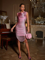 Zulekha Sleeveless High Neck Metallic Midi Dress - Pink